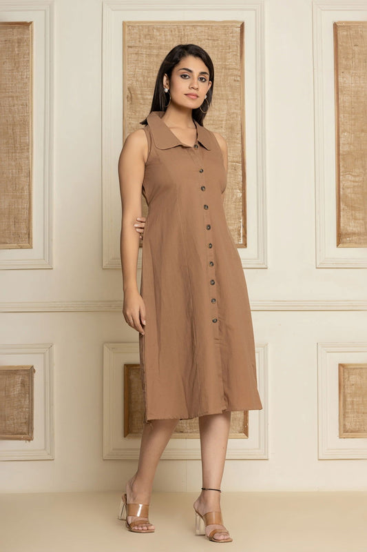 Mocha Brown Cotton Linen Dress Palla Jaipur Mocha Brown Cotton Linen Dress Palla Jaipur