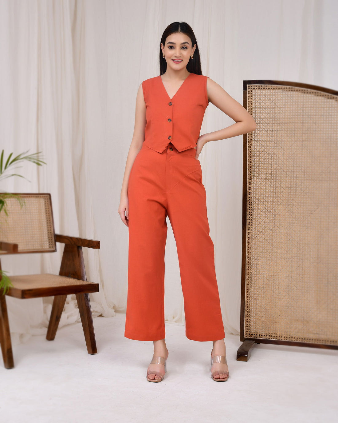Rust Orange Cotton Linen Waist Coat Co-Ord Set - Rust Orange Cotton Linen Waist Coat Co-Ord Set - Palla Jaipur - Palla Jaipur