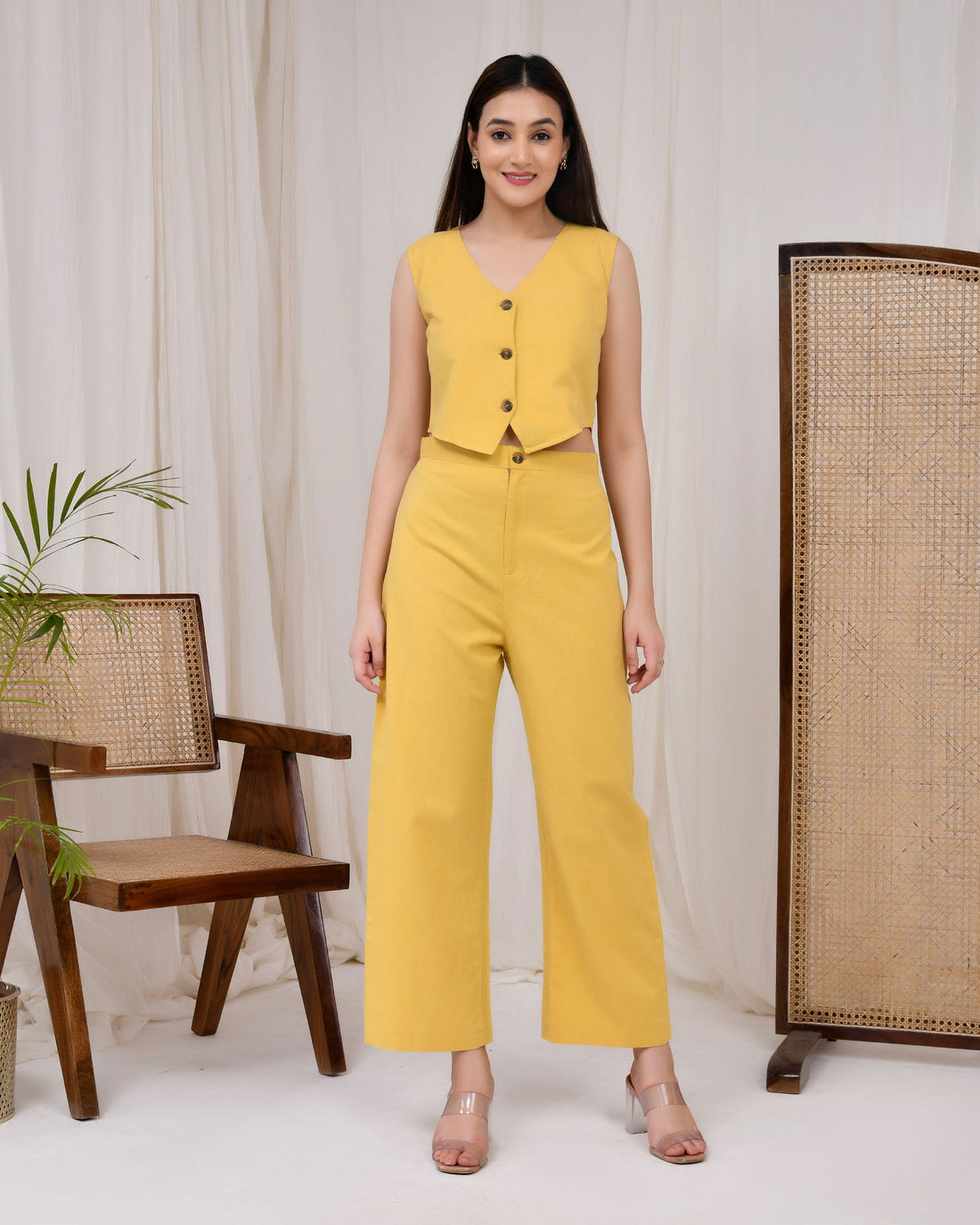 Sunshine Yellow Cotton Linen Waist Coat Co-Ord Set - Sunshine Yellow Cotton Linen Waist Coat Co-Ord Set - Palla Jaipur - Palla Jaipur