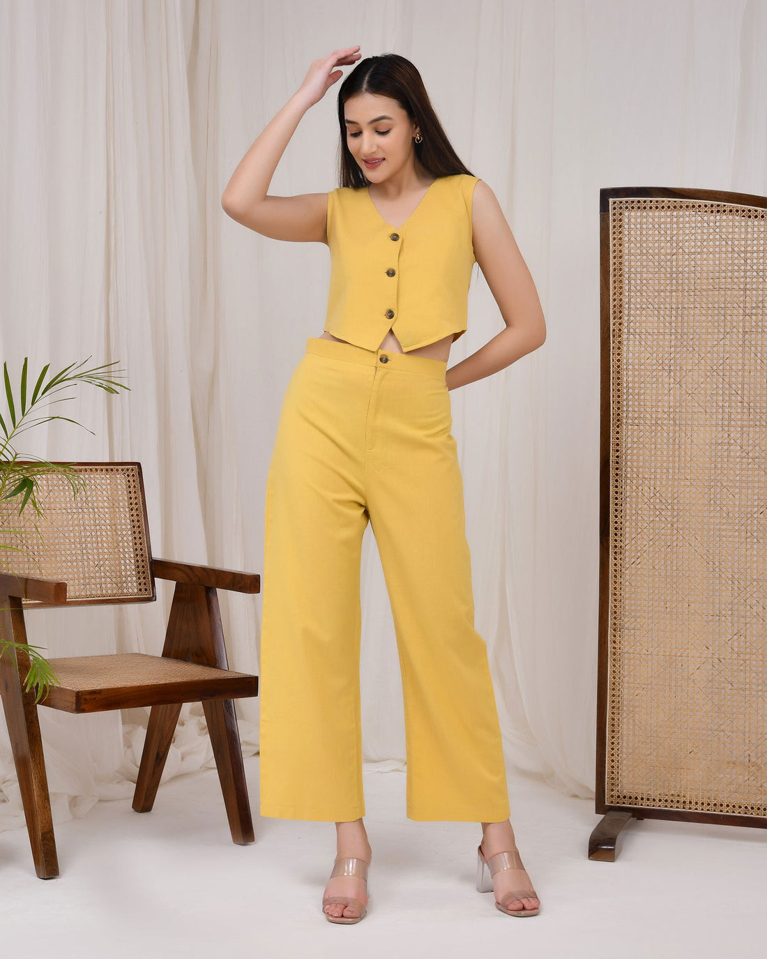Sunshine Yellow Cotton Linen Waist Coat Co-Ord Set - Sunshine Yellow Cotton Linen Waist Coat Co-Ord Set - Palla Jaipur - Palla Jaipur