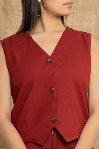 Maroon Cotton Linen Waist Coat Co-Ord Set