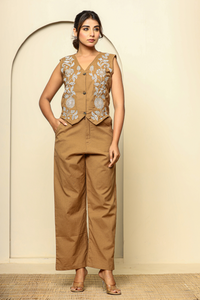 Tan Cotton Hand Embroidery Waist cord set