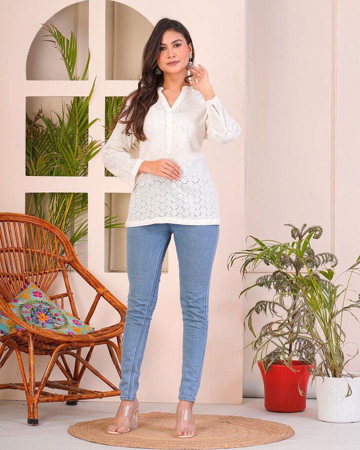 100% Cotton Schiffli Short Kurti - 100% Cotton Schiffli Short Kurti - 100% Cotton Schiffli Short Kurti - Palla Jaipur - Palla Jaipur - Palla Jaipur