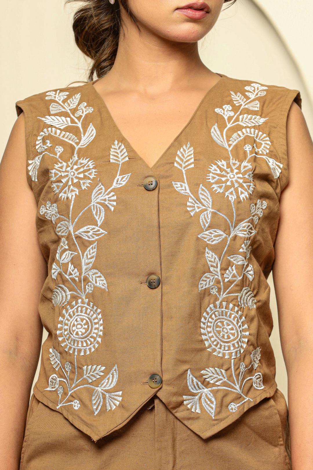 Tan Cotton Hand Embroidery Waist cord set