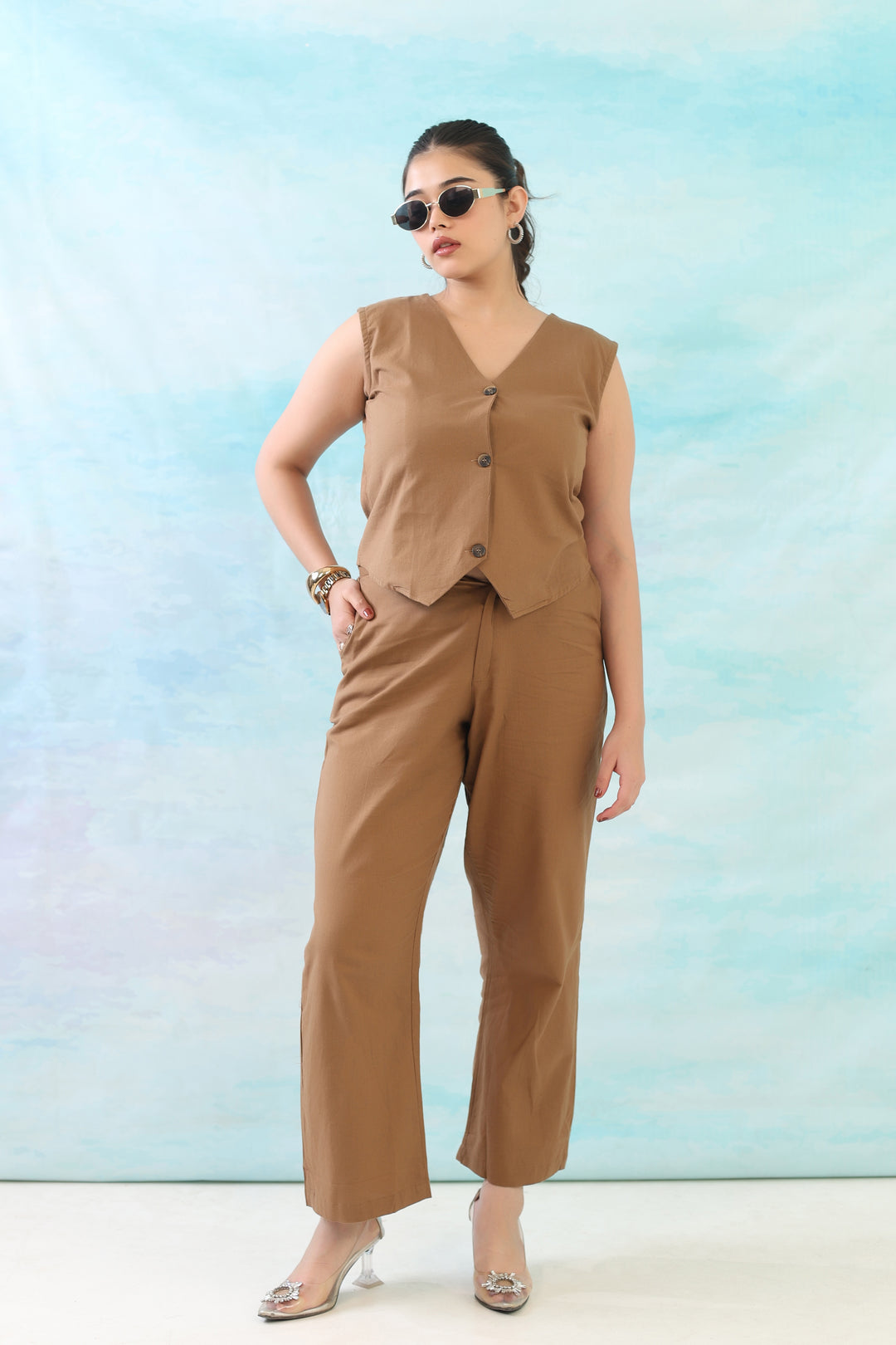 Mocha Brown Cotton Linen Waist Coat