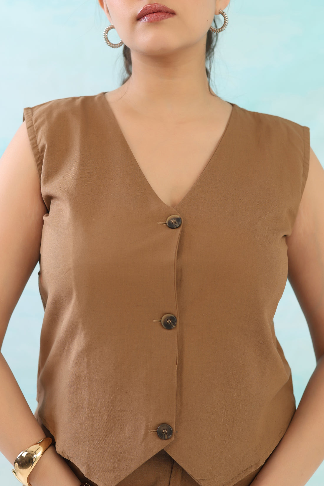 Mocha Brown Cotton Linen Waist Coat Co-Ord Set