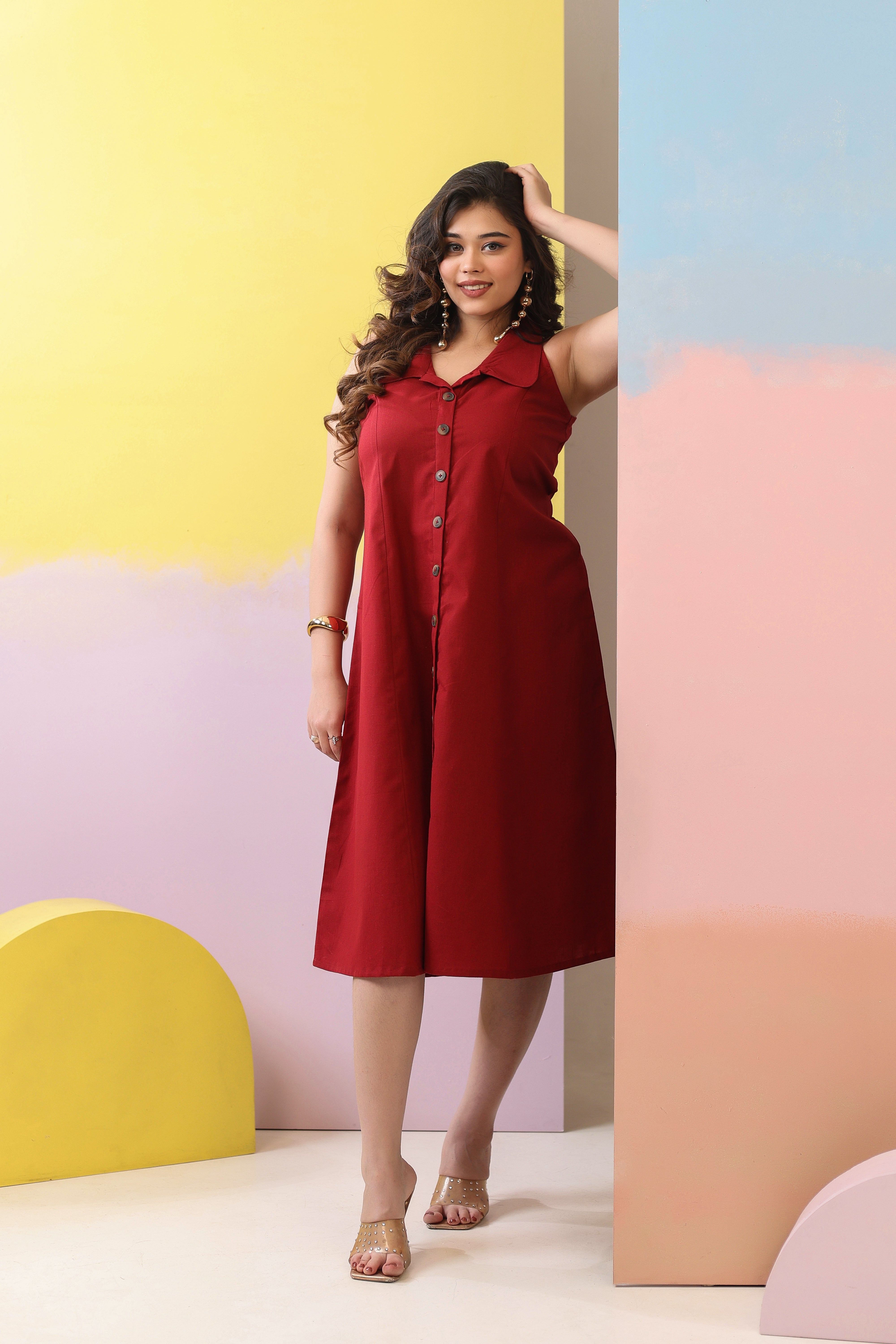 Maroon Cotton Linen Dress