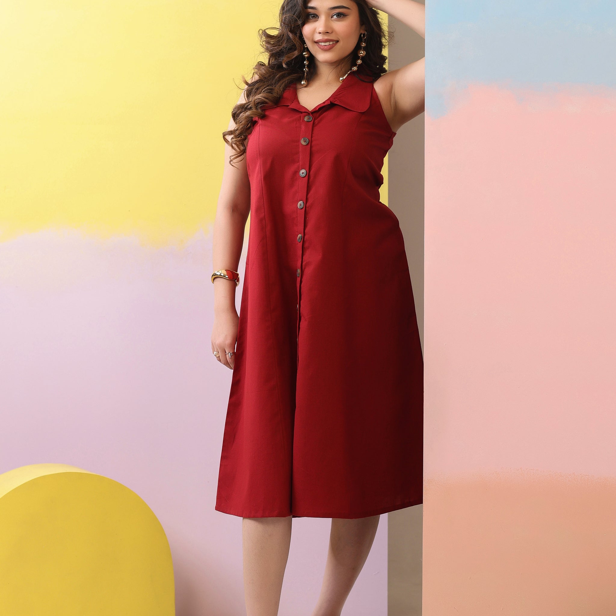 Maroon Cotton Linen Dress