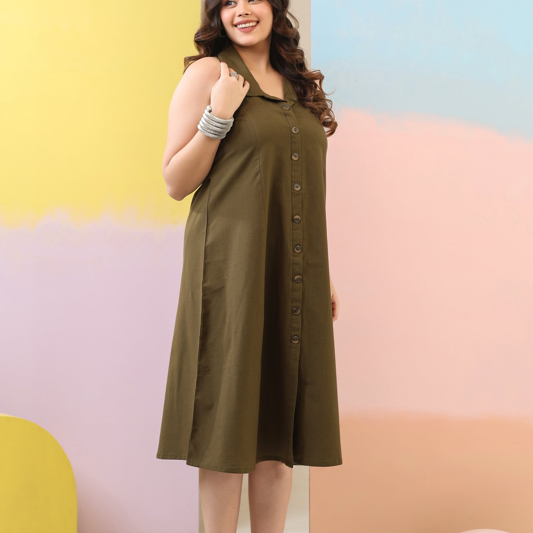 Bottle Green Linen Dress