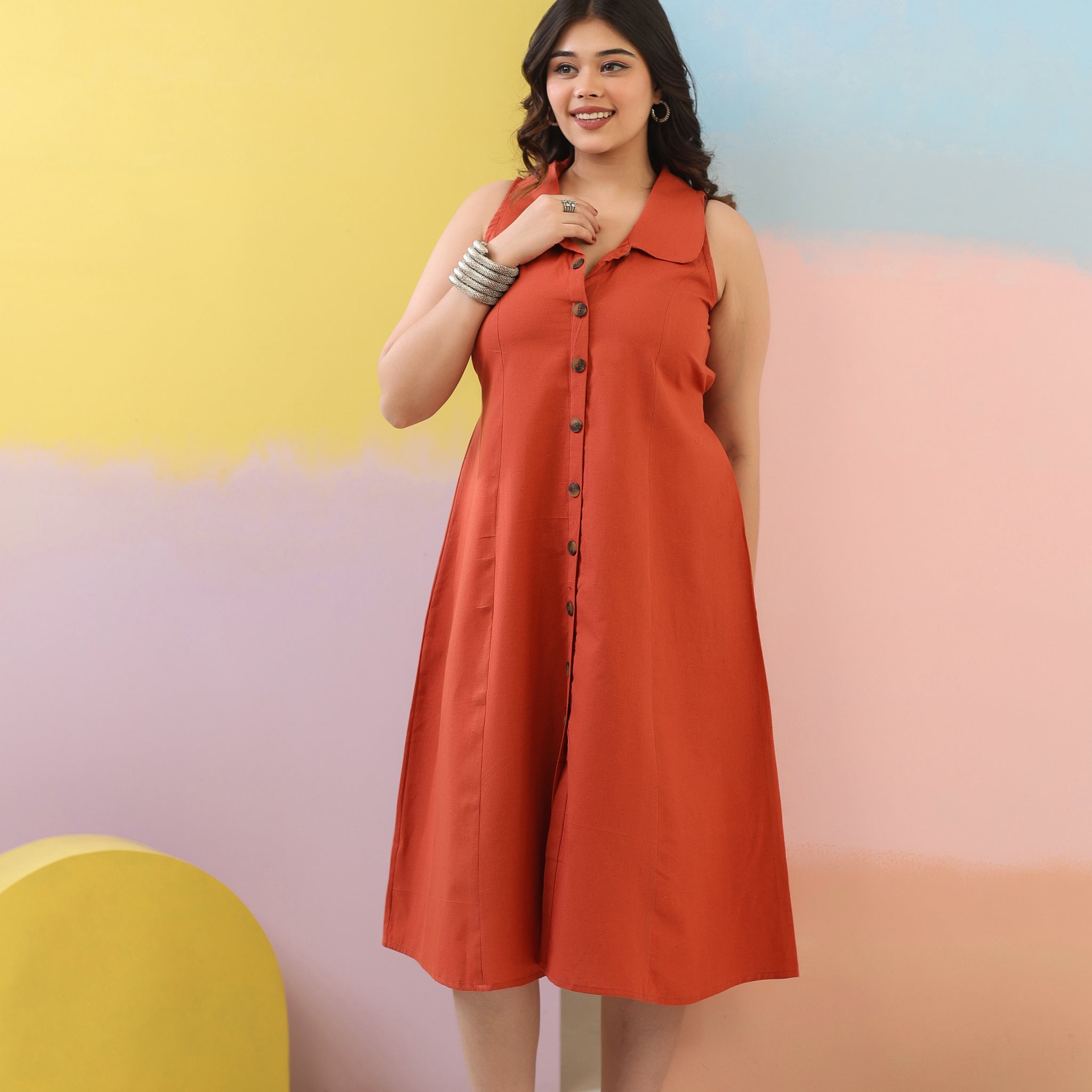 Rust Orange Cotton Linen Dress