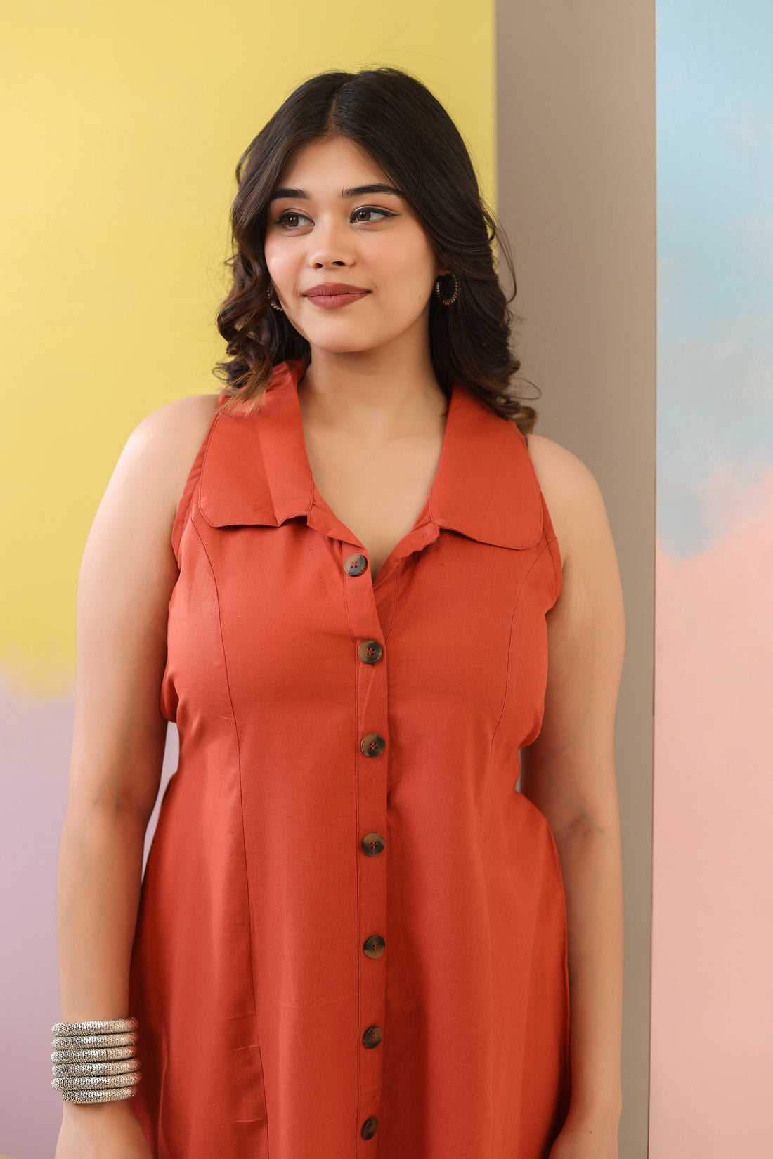 Rust Orange Cotton Linen Dress