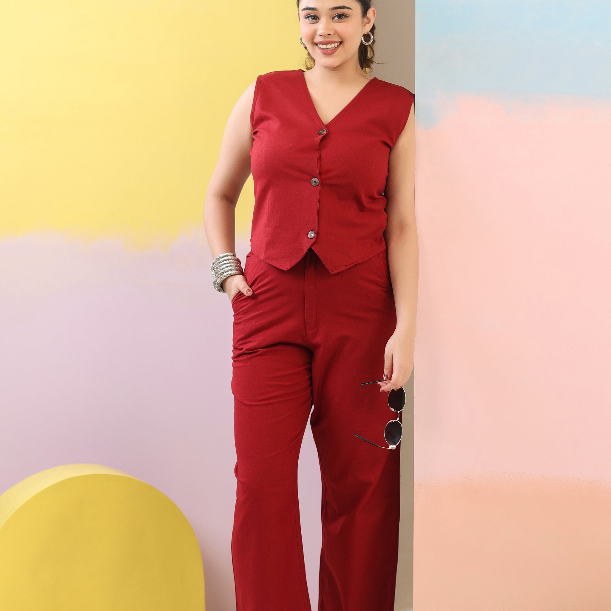 Maroon Cotton Linen Waist Coat Co-Ord Set