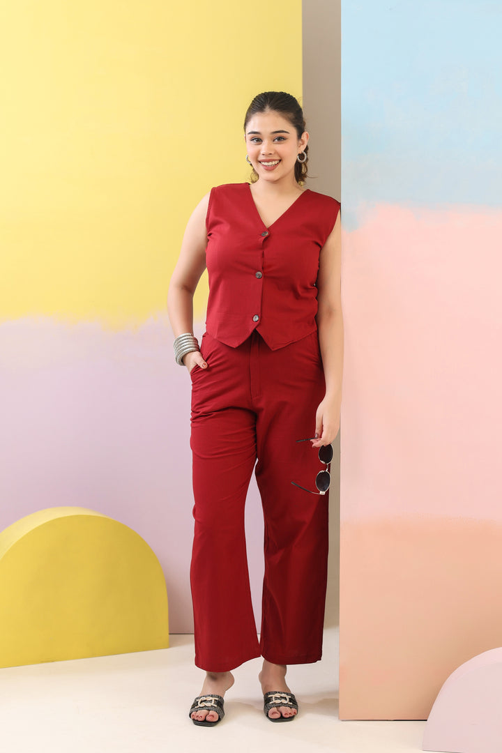 Maroon Cotton Linen Waist Coat Co-Ord Set