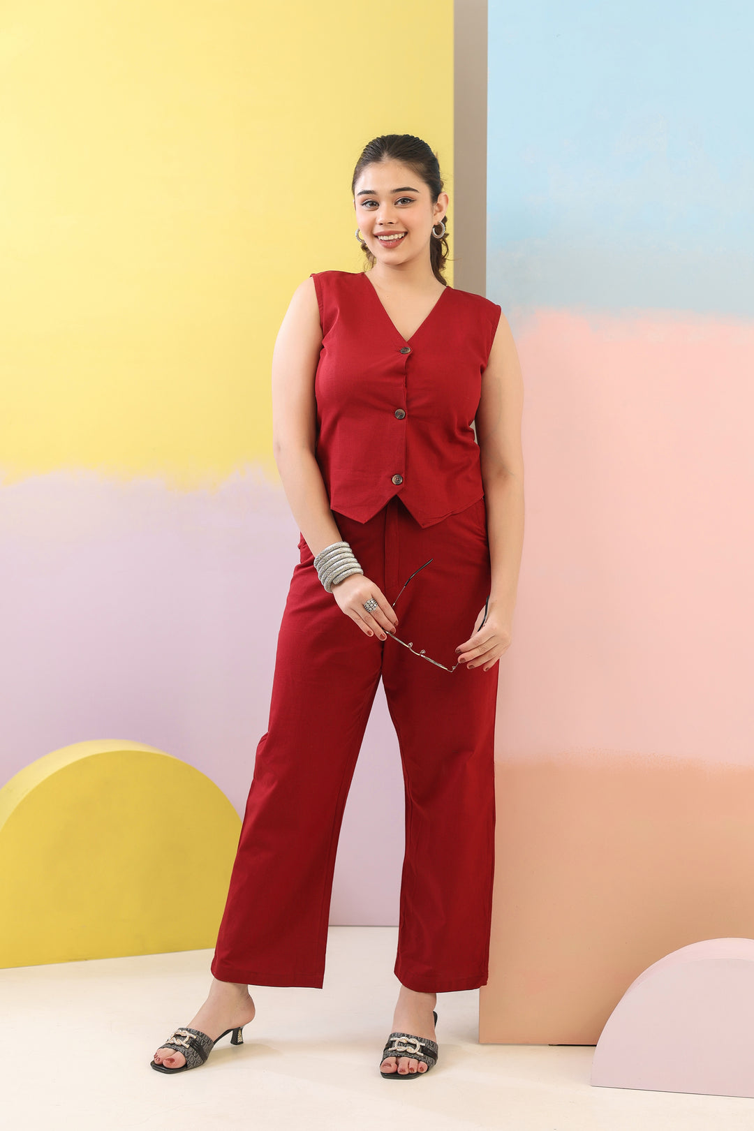 Maroon Cotton Linen Waist Coat Co-Ord Set