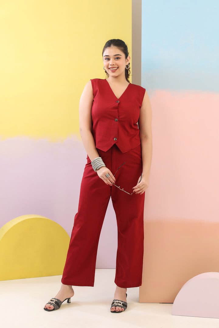 Maroon Cotton Linen Waist Coat Co-Ord Set