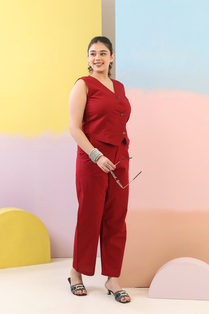 Maroon Cotton Linen Waist Coat Co-Ord Set