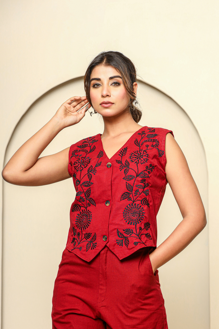 Maroon hand embroidery waist cord set