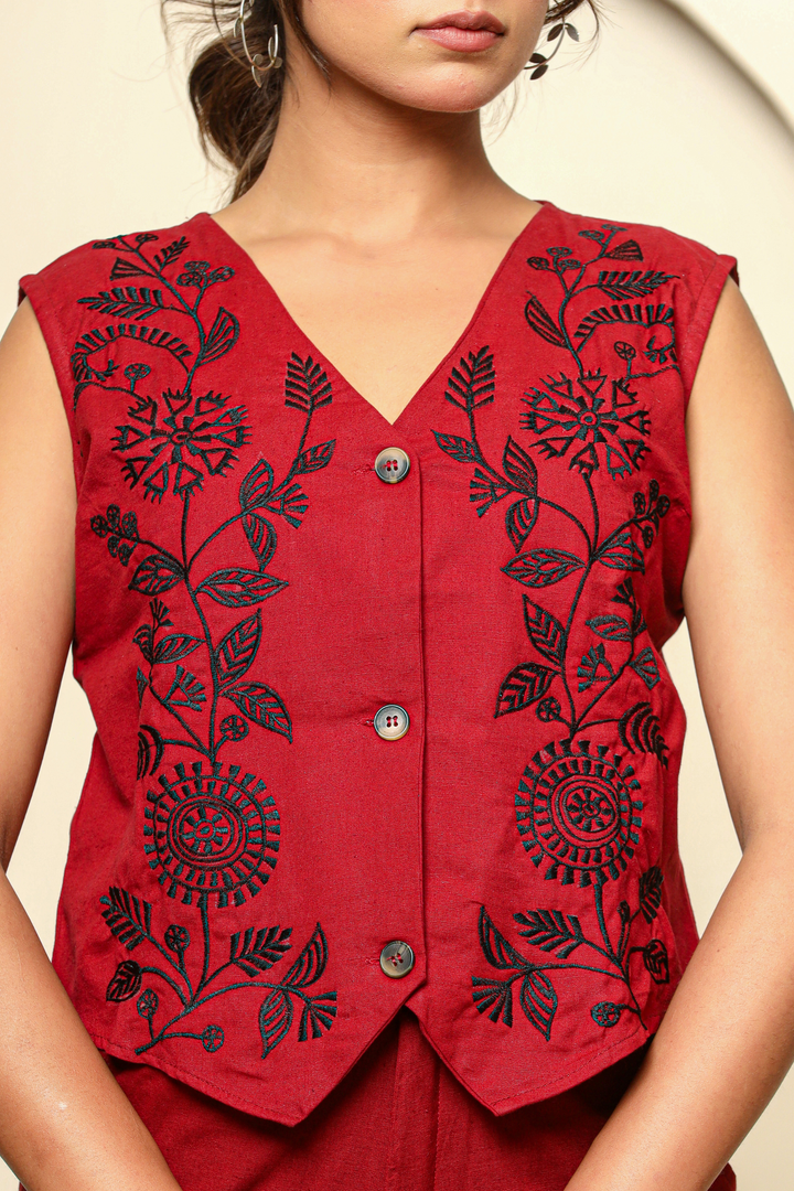 Maroon hand embroidery waist cord set