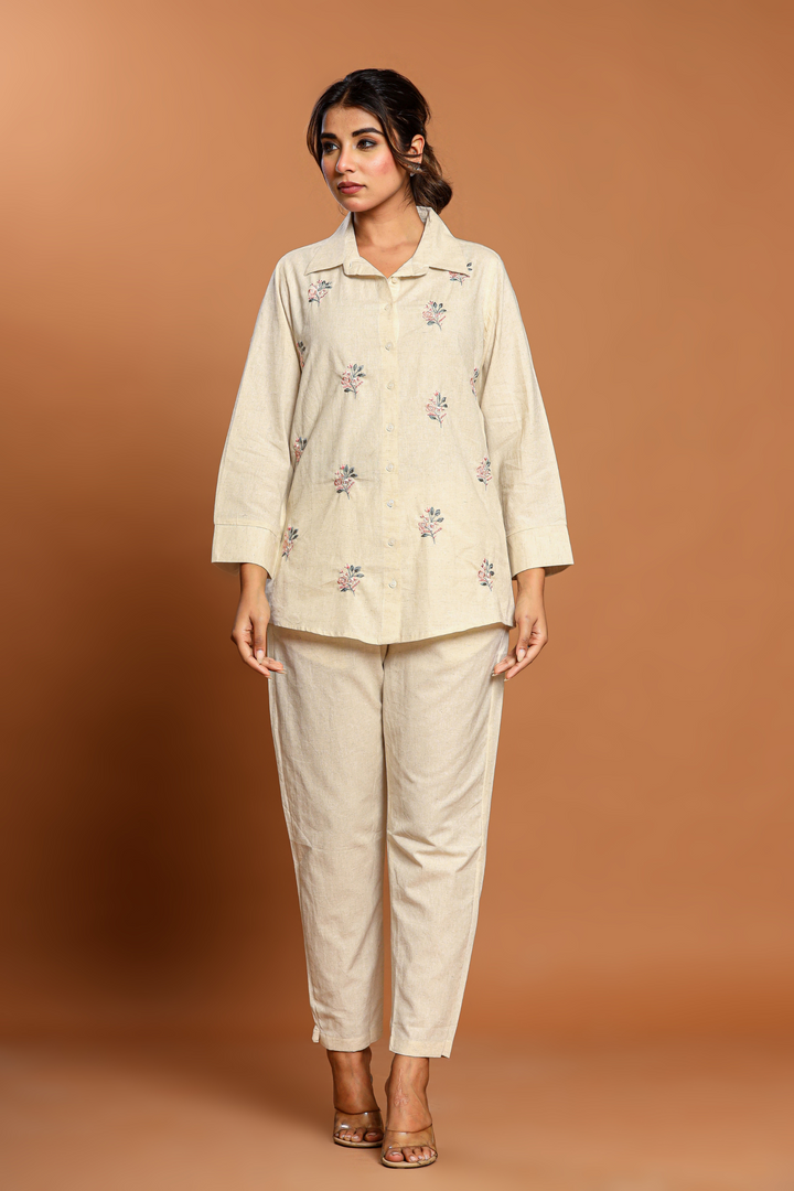 Natural Off White Hand Embroidery Cotton Linen Co-Ord Set