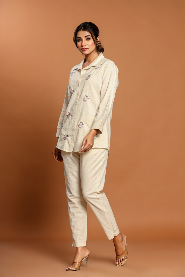 Natural Off White Hand Embroidery Cotton Linen Co-Ord Set