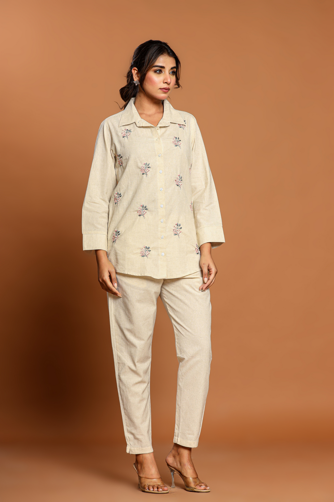 Natural Off White Hand Embroidery Cotton Linen Co-Ord Set