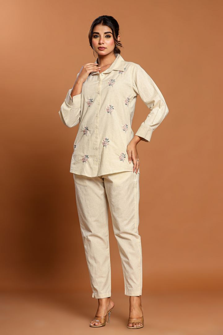 Natural Off White Hand Embroidery Cotton Linen Co-Ord Set