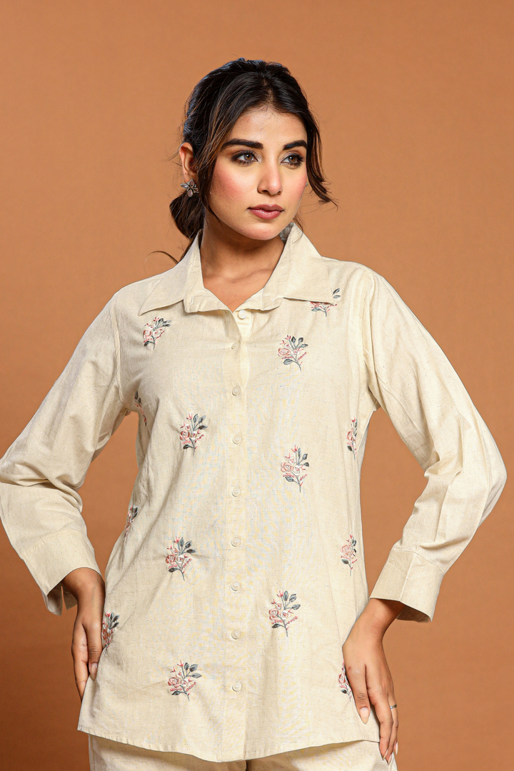 Natural Off White Hand Embroidery Cotton Linen Co-Ord Set