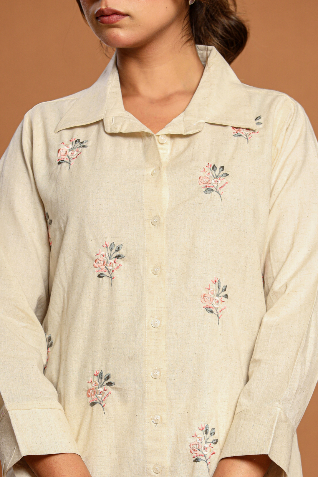 Natural Off White Hand Embroidery Cotton Linen Co-Ord Set