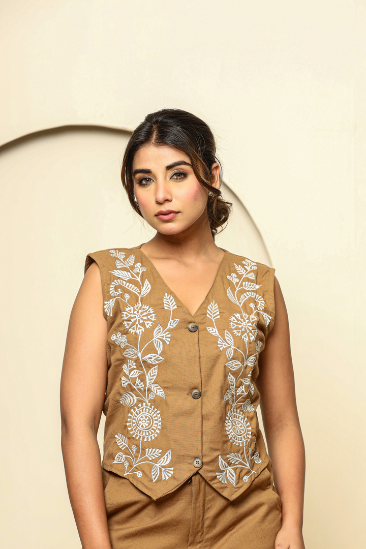 Tan Cotton Hand Embroidery Waist cord set