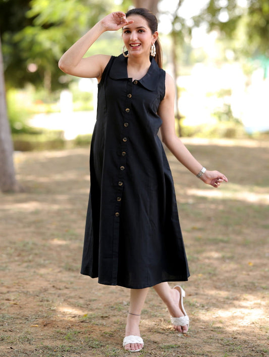 Black Cotton Linen Dress - Black Cotton Linen Dress - Black Cotton Linen Dress - Palla Jaipur - Palla Jaipur - Palla Jaipur