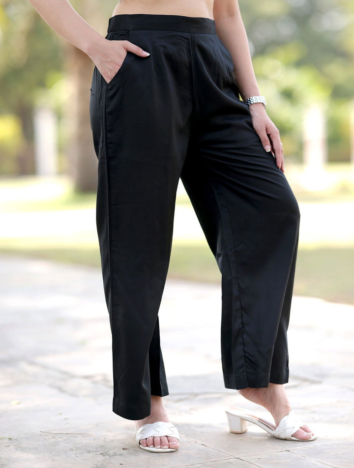 Black Cotton Wide Leg Pant - Black Cotton Wide Leg Pant - Palla Jaipur - Palla Jaipur