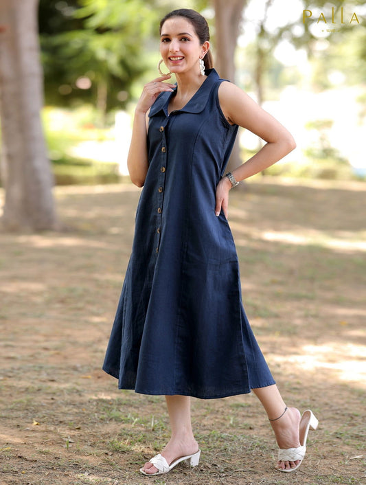 Blue Cotton Linen Dress - Blue Cotton Linen Dress - Blue Cotton Linen Dress - Palla Jaipur - Palla Jaipur - Palla Jaipur