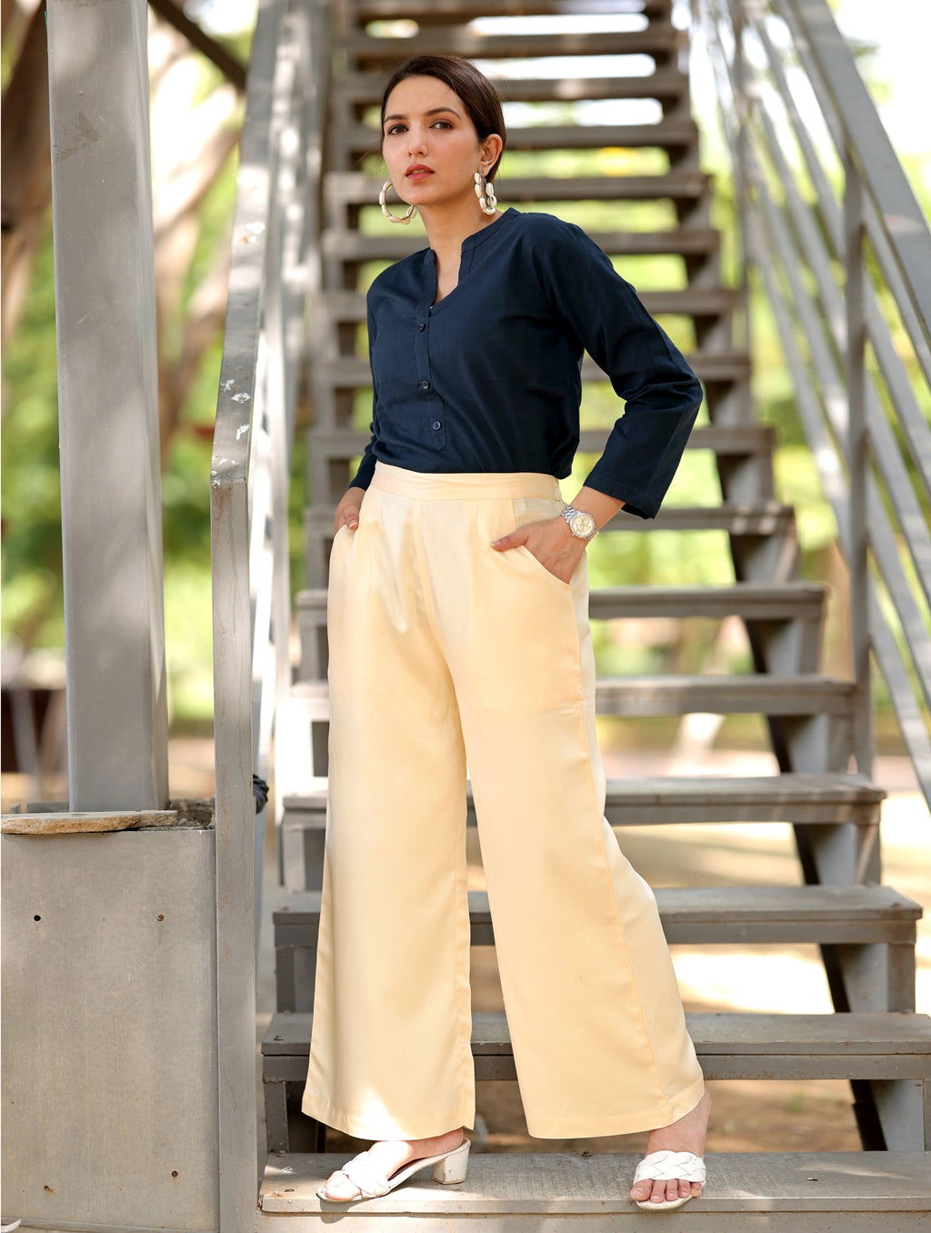 Cream Cotton Wide Leg Pant - Cream Cotton Wide Leg Pant - Cream Cotton Wide Leg Pant - Palla Jaipur - Palla Jaipur - Palla Jaipur