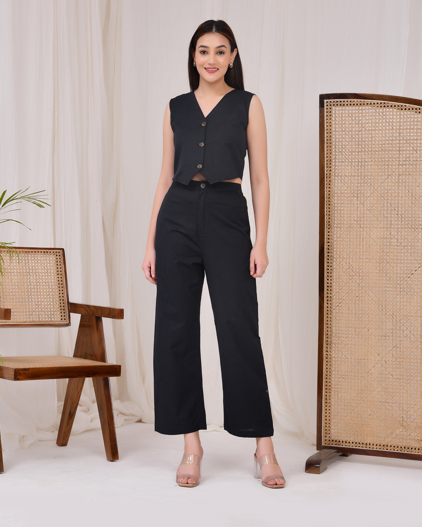 Midnight Black Cotton Linen Waist Coat Co-Ord Set