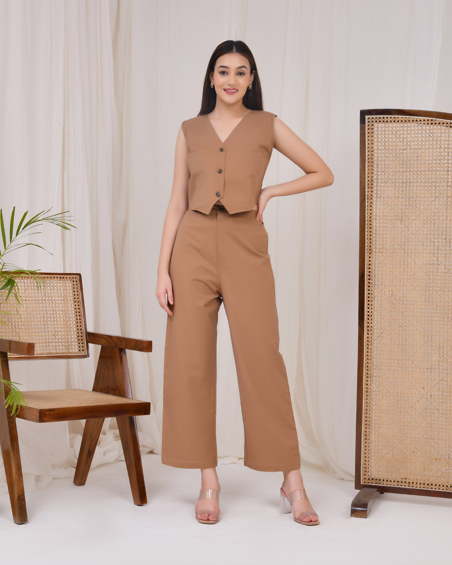 Mocha Brown Cotton Linen Waist Coat Co-Ord Set