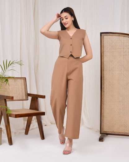 Mocha Brown Cotton Linen Waist Coat Co-Ord Set