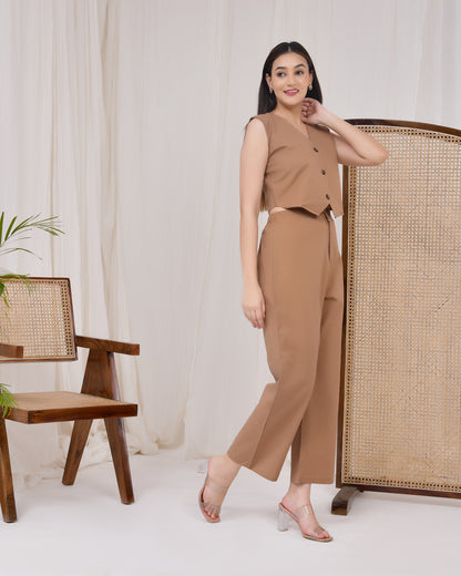 Mocha Brown Cotton Linen Waist Coat Co-Ord Set