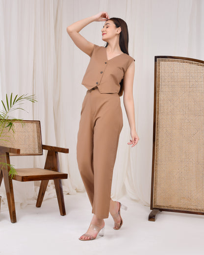 Mocha Brown Cotton Linen Waist Coat Co-Ord Set