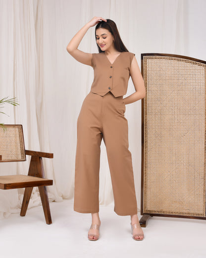 Mocha Brown Cotton Linen Waist Coat Co-Ord Set