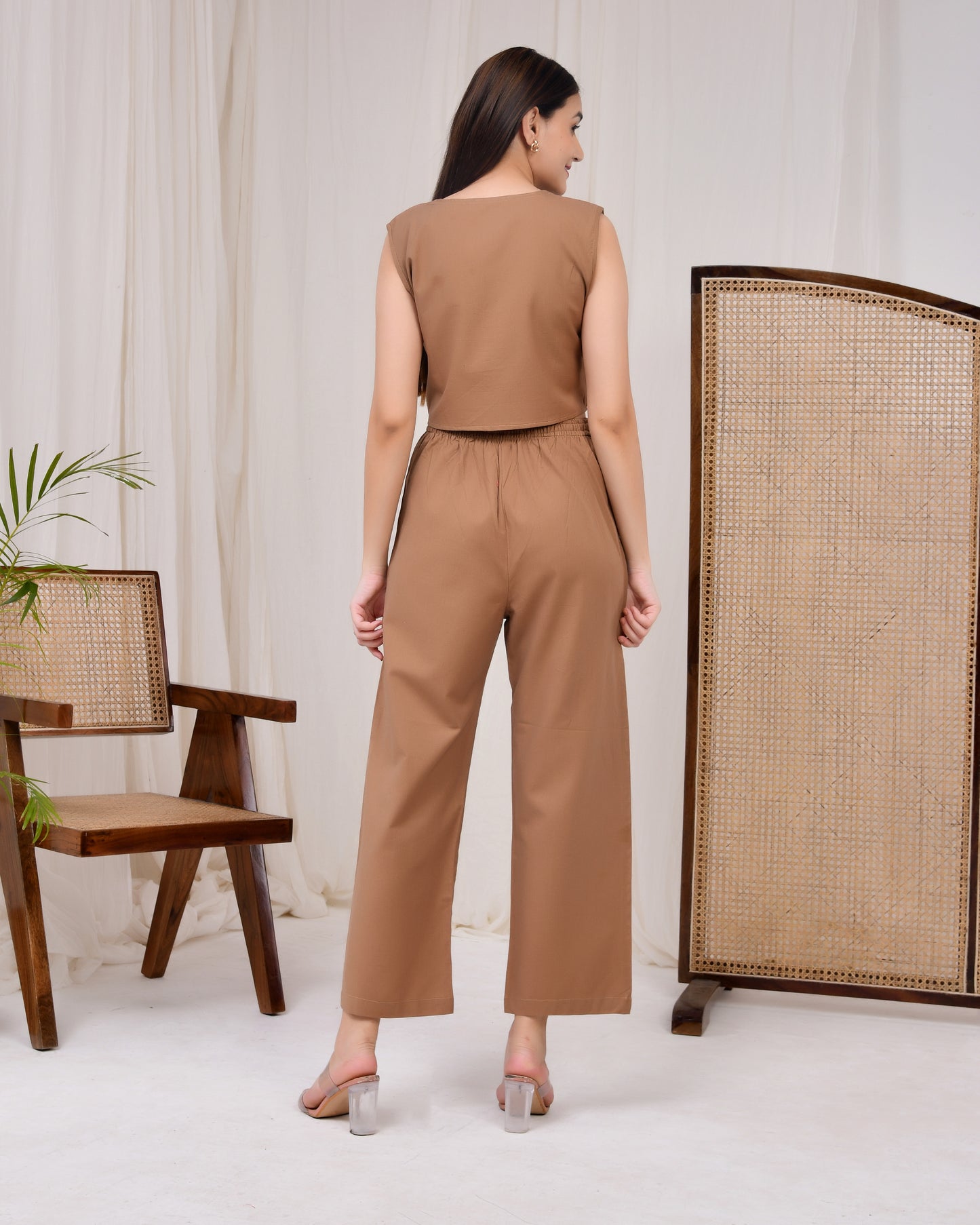 Mocha Brown Cotton Linen Waist Coat Co-Ord Set