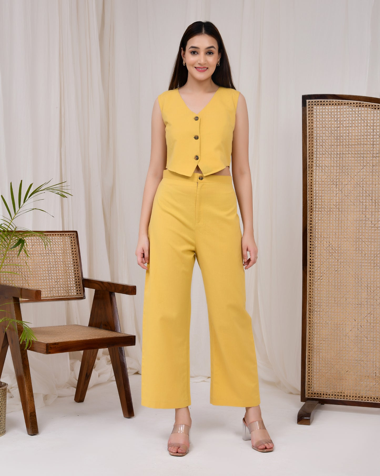 Sunshine Yellow Cotton Linen Waist Coat Co-Ord Set