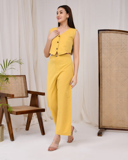 Sunshine Yellow Cotton Linen Waist Coat Co-Ord Set