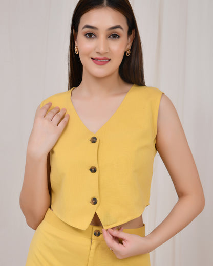 Sunshine Yellow Cotton Linen Waist Coat Co-Ord Set