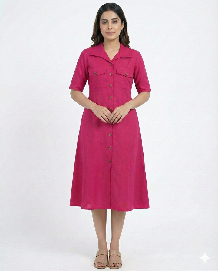 Pink Cotton Classic Shirt Midi Dress