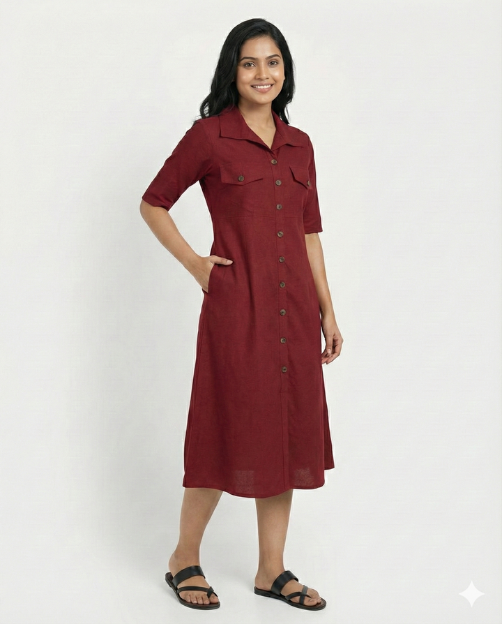 Maroon Cotton Classic Shirt Midi Dress