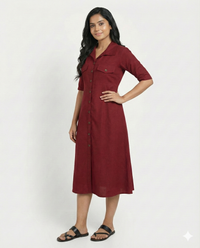 Maroon Cotton Classic Shirt Midi Dress