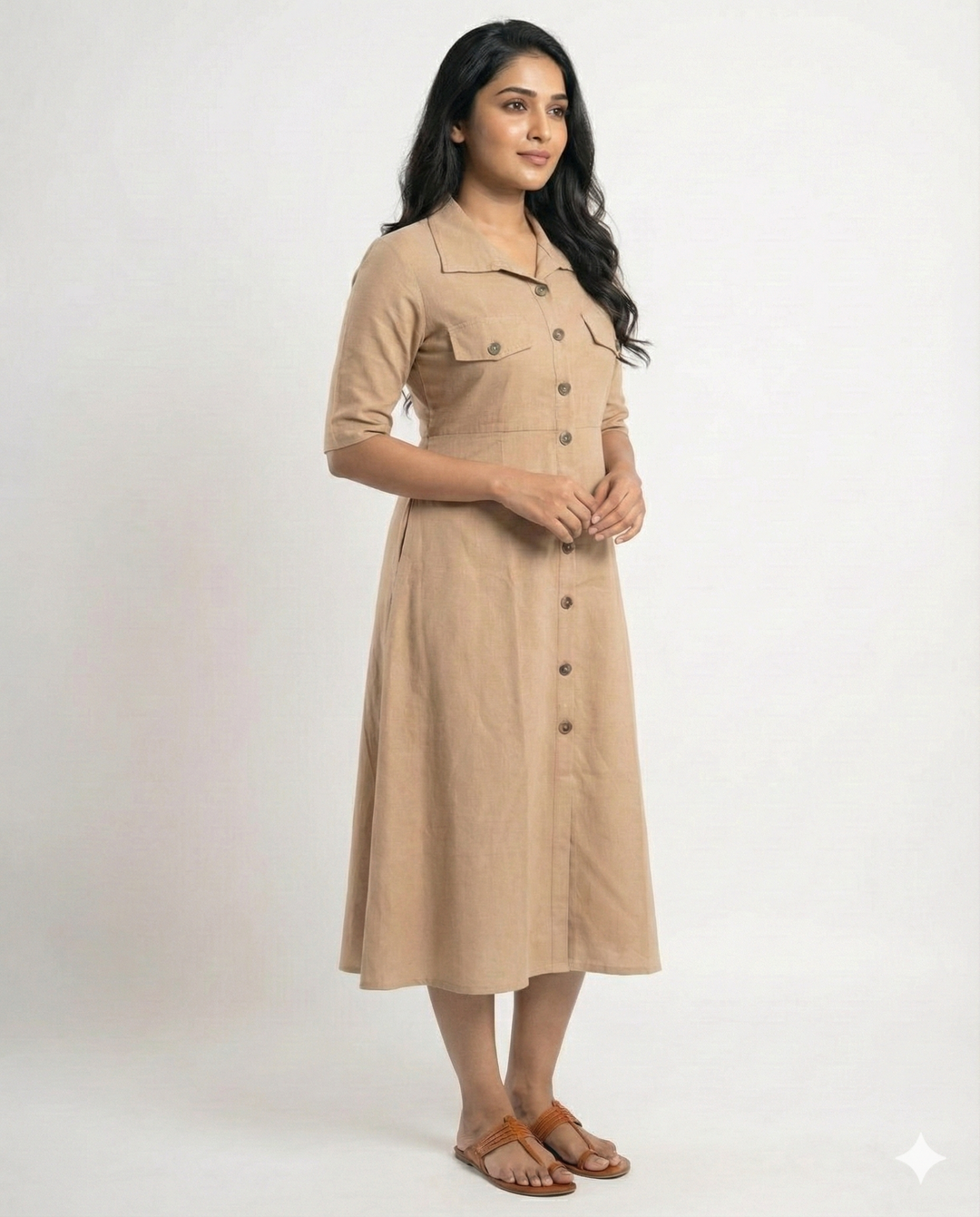 Beige Cotton Classic Shirt Midi Dress