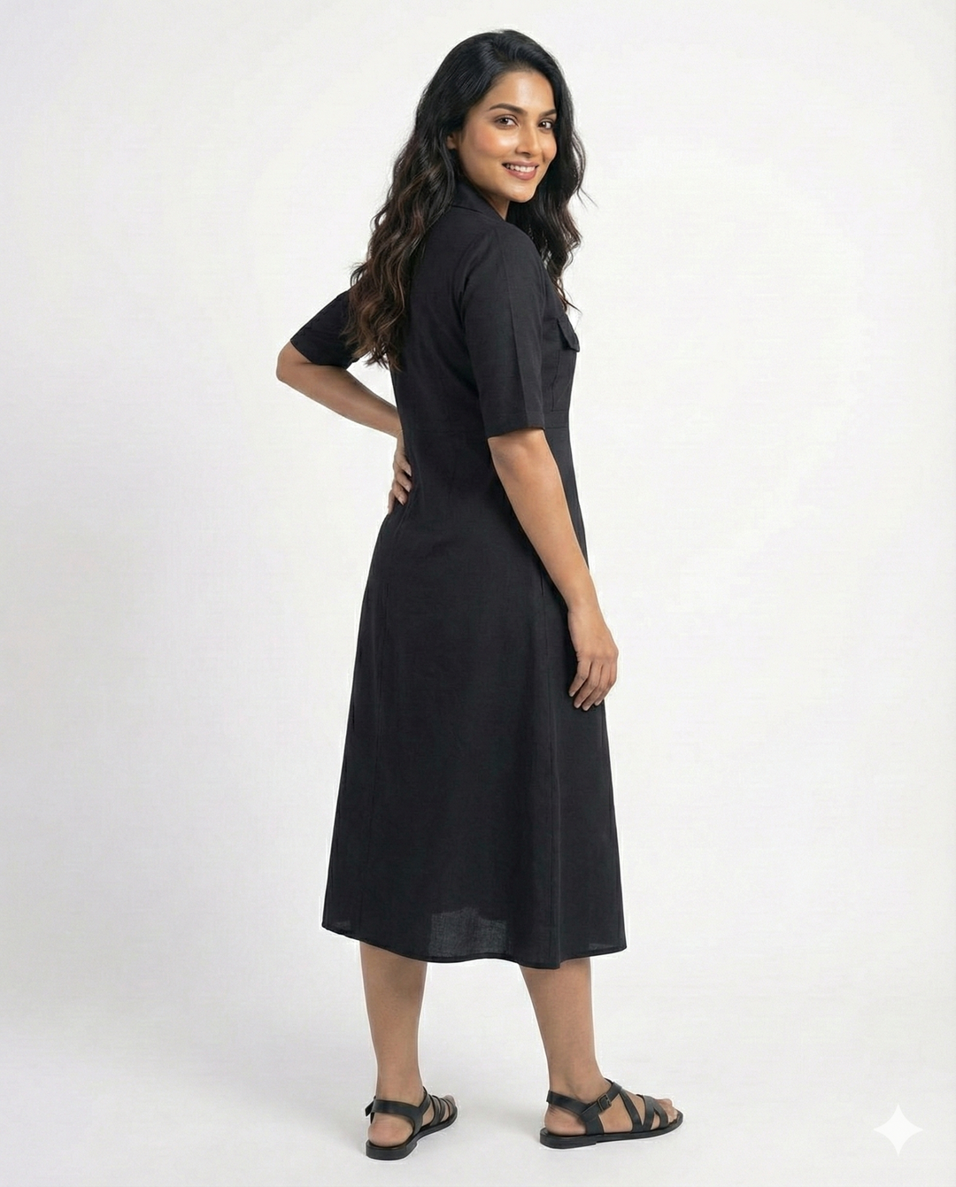 Black Cotton Classic Shirt Midi Dress