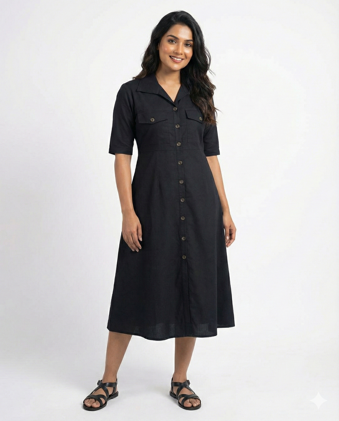 Black Cotton Classic Shirt Midi Dress