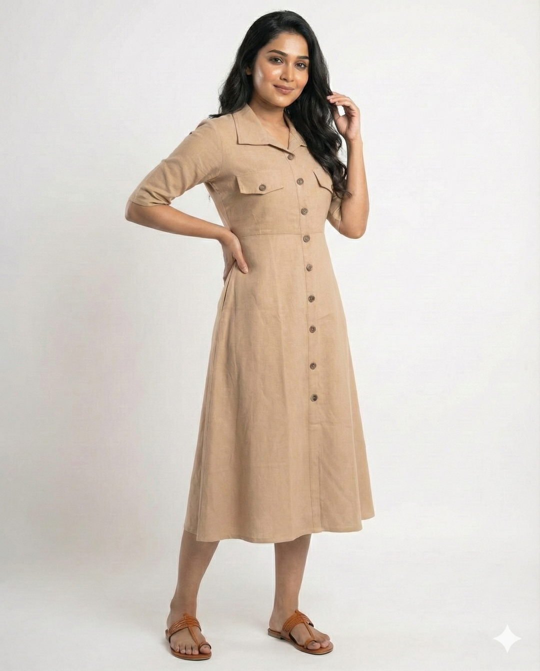 Beige Cotton Classic Shirt Midi Dress